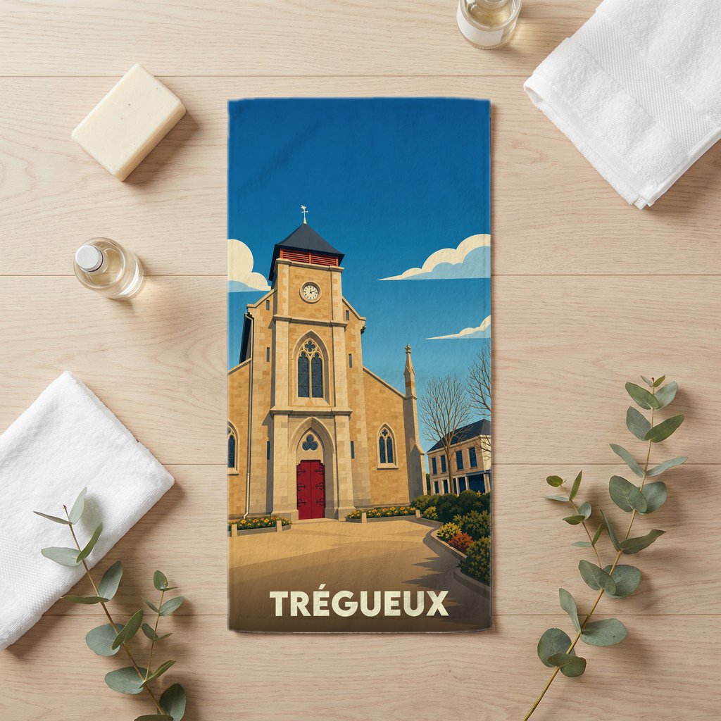 Serviette de bain souvenir de la ville de Trégueux avec une illustration stylisée de son église.