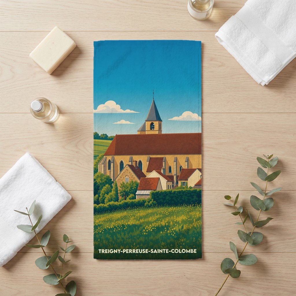 Serviette de bain souvenir de Treigny-Perreuse-Sainte-Colombe avec une illustration stylisée de son église et de son paysage.