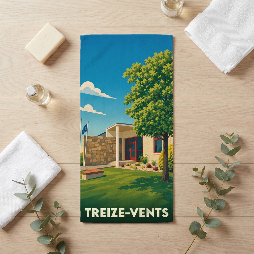 Serviette de bain souvenir de la ville de Treize-Vents avec une illustration stylisée d'un bâtiment moderne sous un ciel bleu.