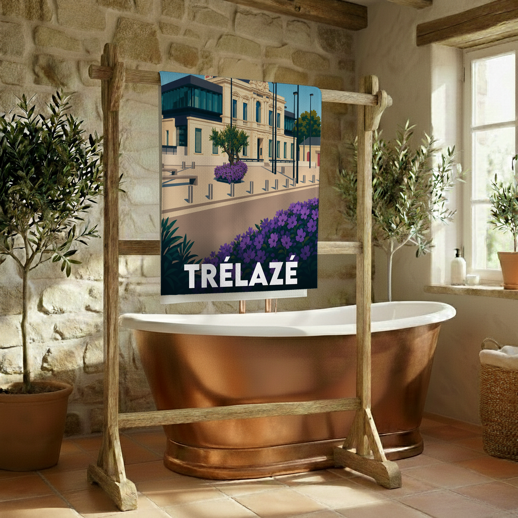 Serviette de bain souvenir de la ville de Trélazé avec une illustration stylisée.