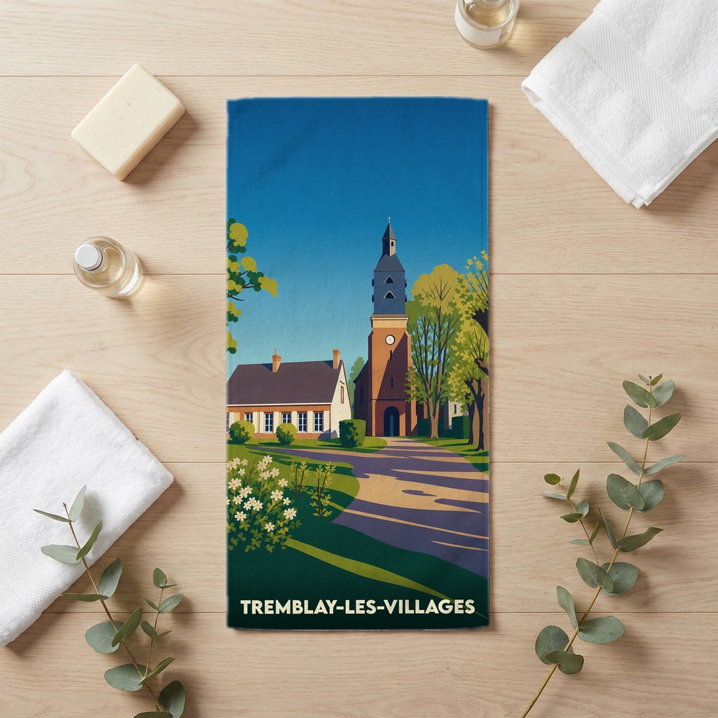 Serviette de bain souvenir de la ville de Tremblay-les-Villages avec une illustration stylisée.