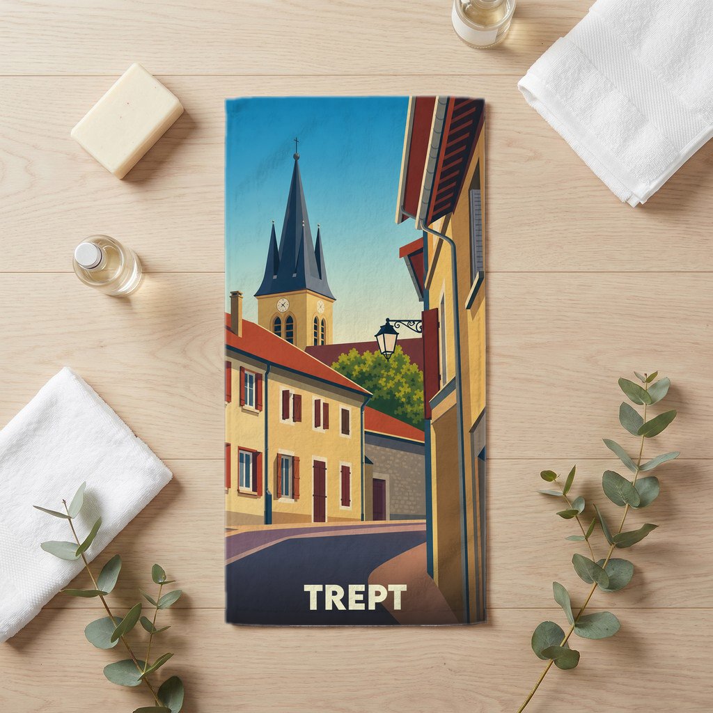 Serviette de bain souvenir de la ville de Trept avec une illustration stylisée.