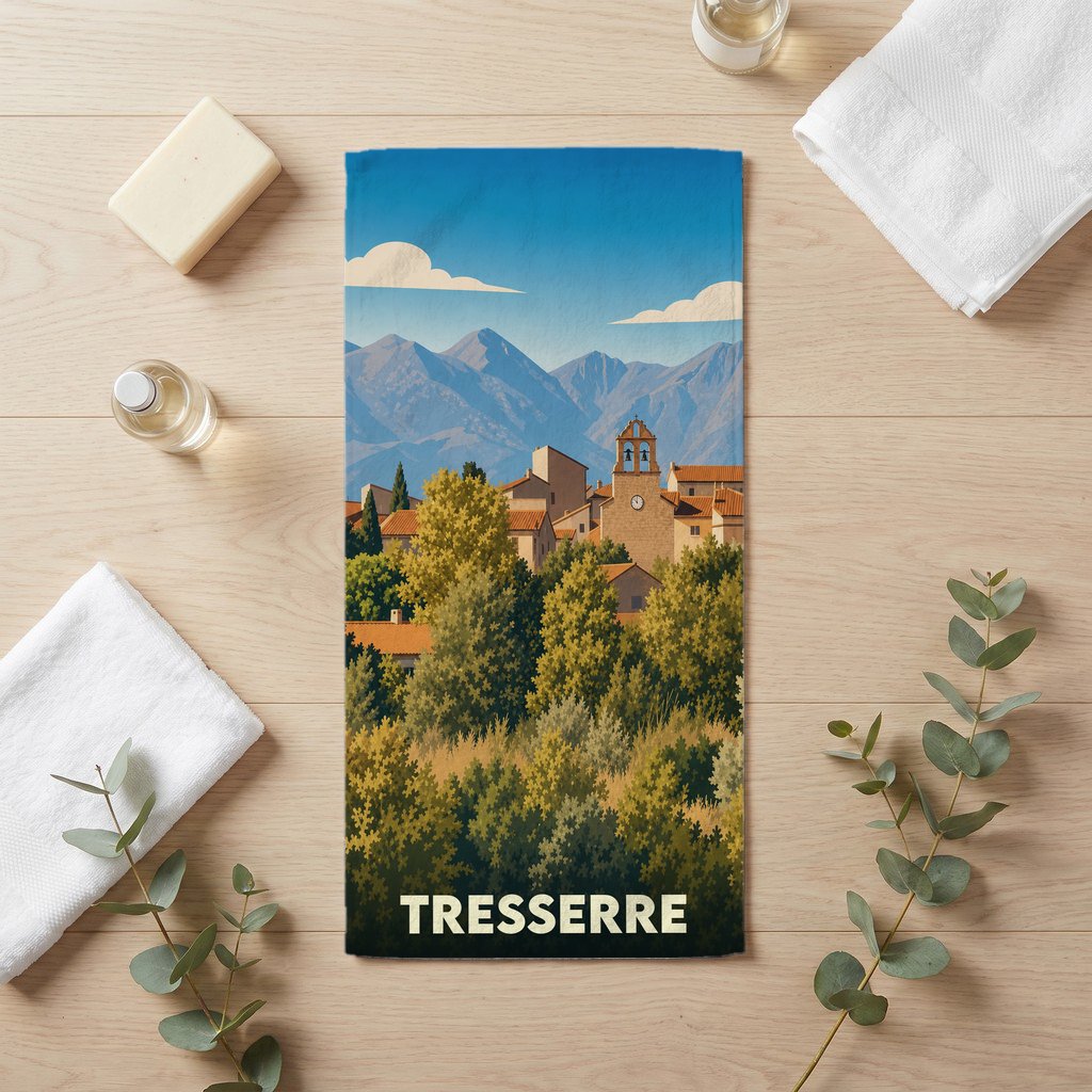Serviette de bain souvenir de la ville de Tresserre avec une illustration stylisée de paysages montagneux.