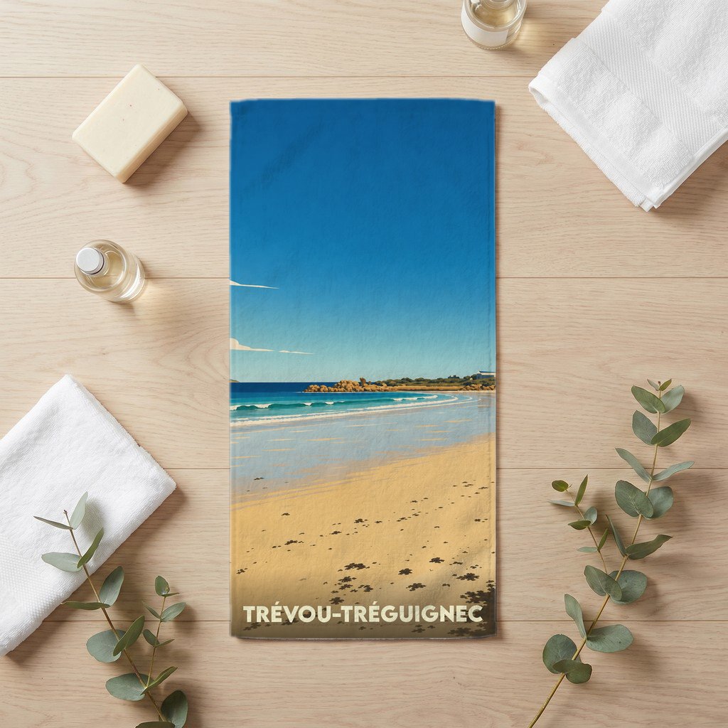 Serviette de bain souvenir de la ville de Trévou-Tréguignec avec une illustration stylisée de la plage.
