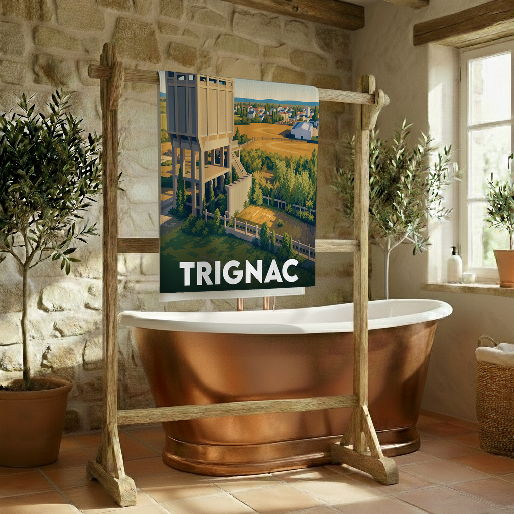 Serviette de bain souvenir de la ville de Trignac avec une illustration stylisée.
