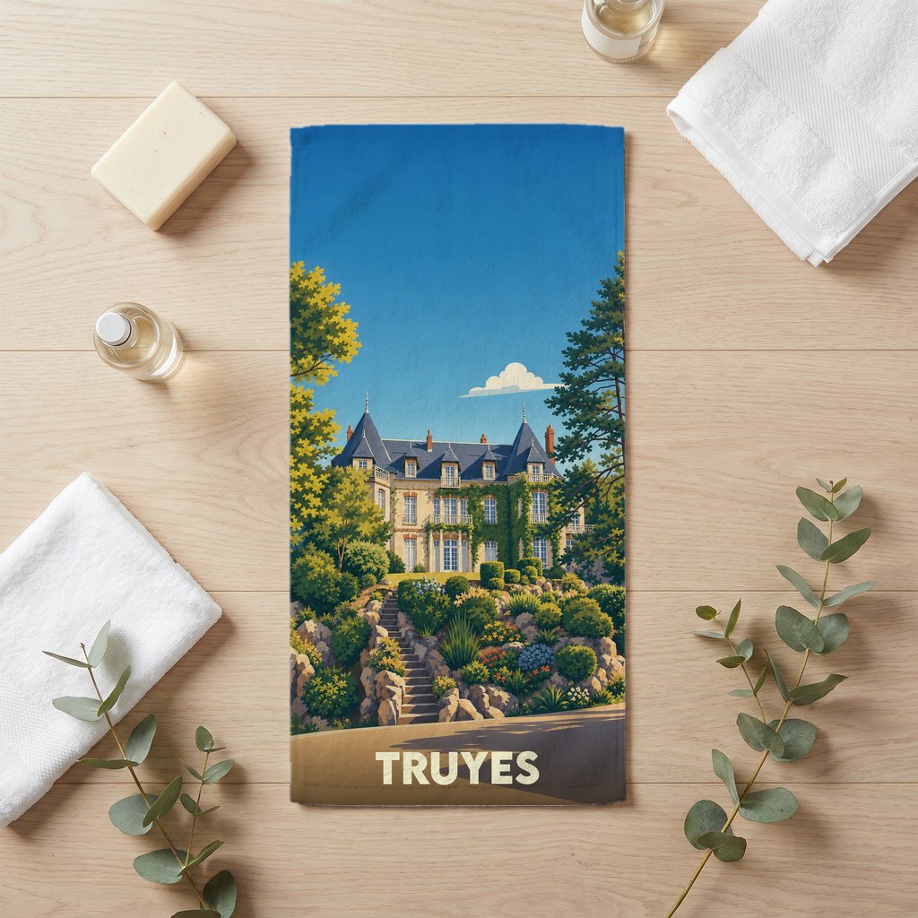 Serviette de bain souvenir de la ville de Truyes ornée d'une illustration stylisée d'un château.
