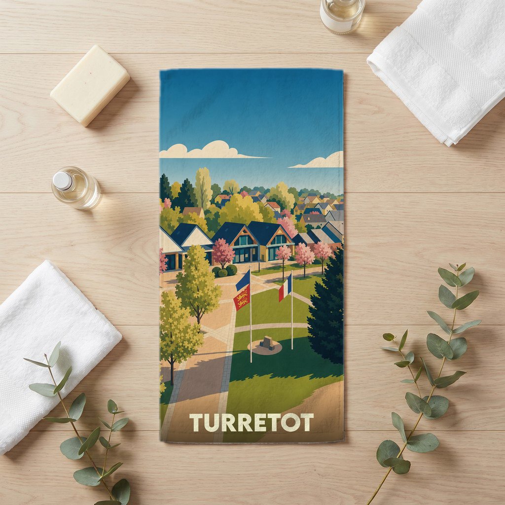 Serviette de bain souvenir de la ville de Turretot avec une illustration stylisée.