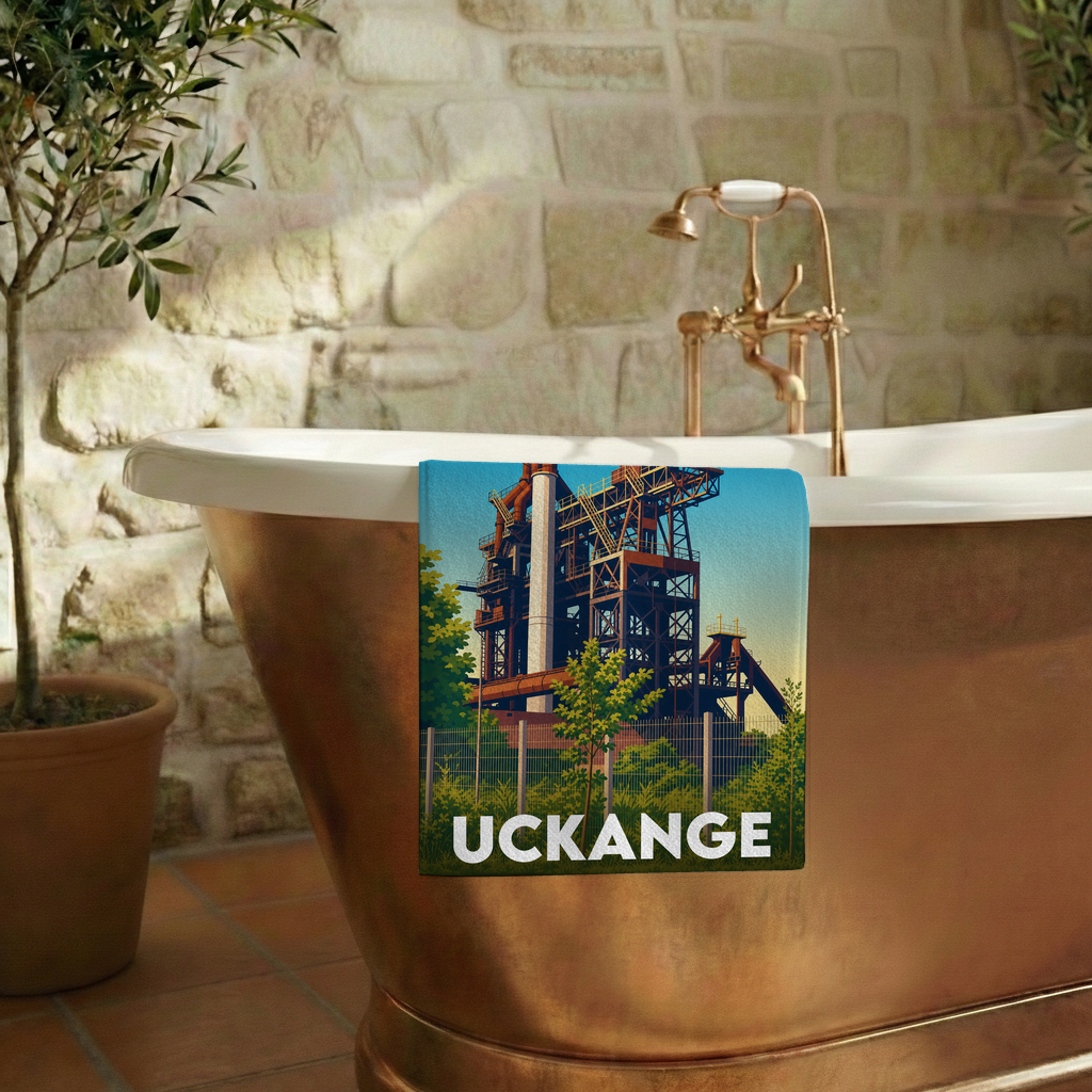 Serviette de bain souvenir de la ville d'Uckange avec une illustration stylisée de son haut-fourneau.