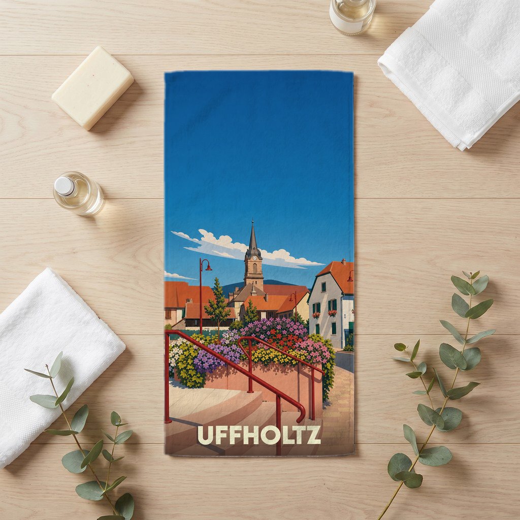 Serviette de bain souvenir de la ville d'Uffholtz avec une illustration stylisée de son église et de ses maisons alsaciennes fleuries.