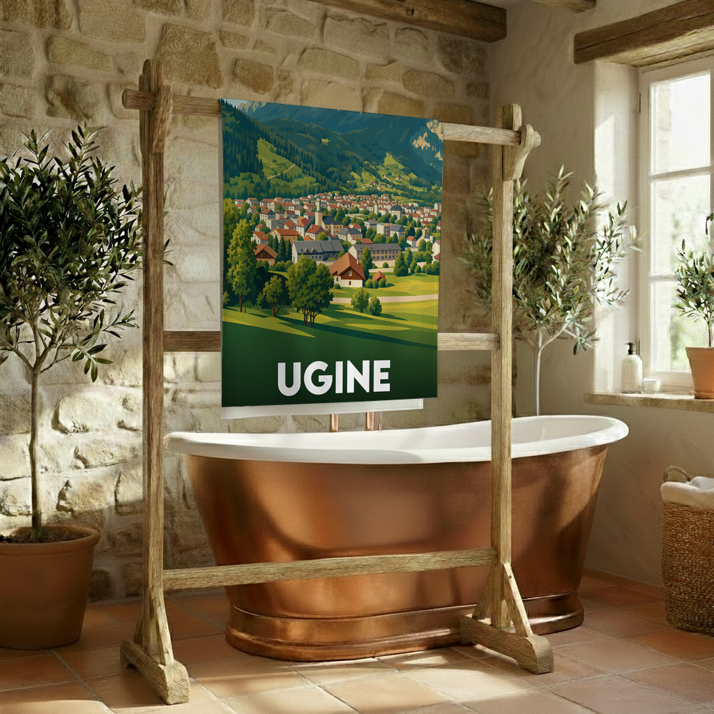 Serviette de bain souvenir de la ville d'Ugine avec une illustration stylisée de ses paysages de montagne.