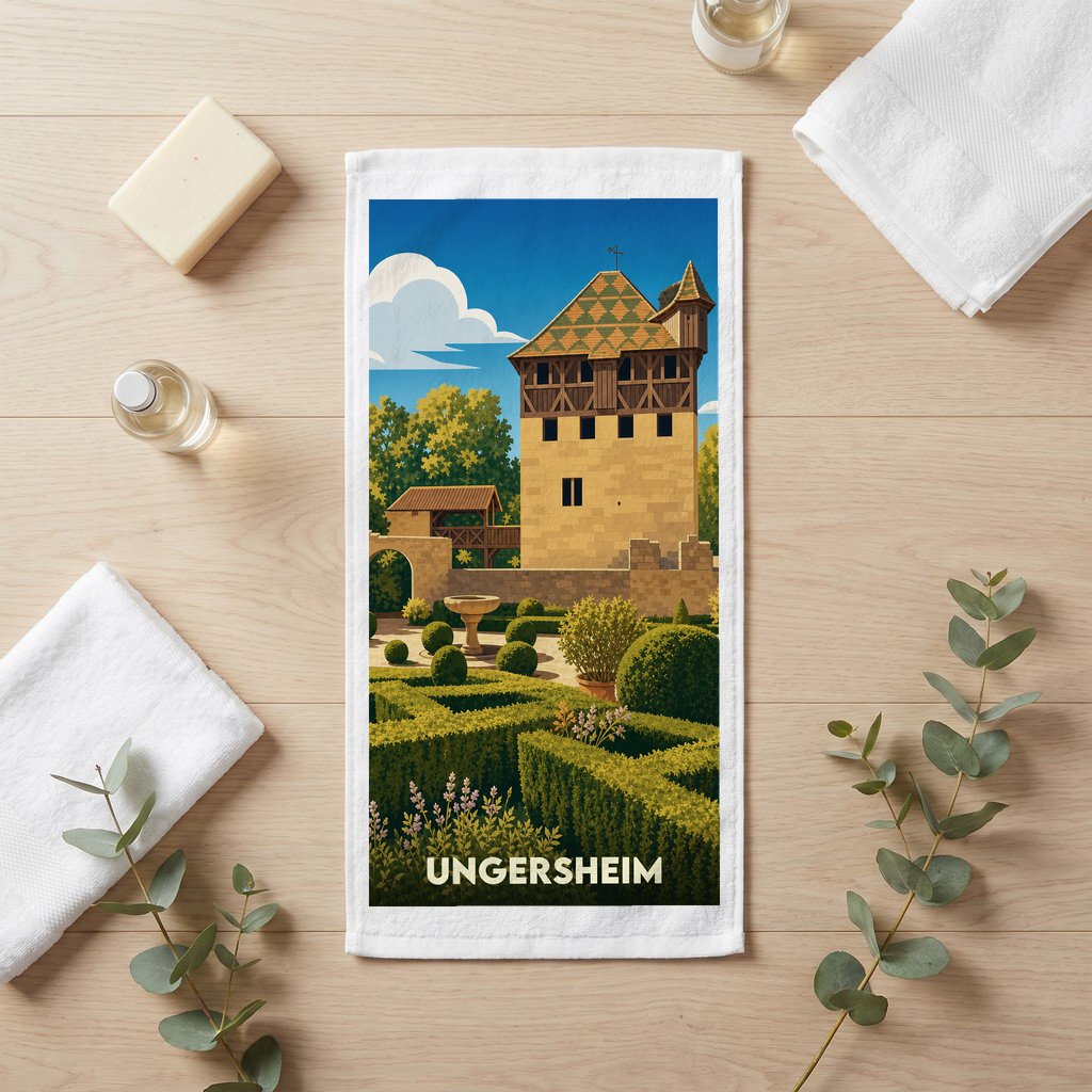 Serviette de bain souvenir de la ville d'Ungersheim avec une illustration stylisée de son patrimoine.