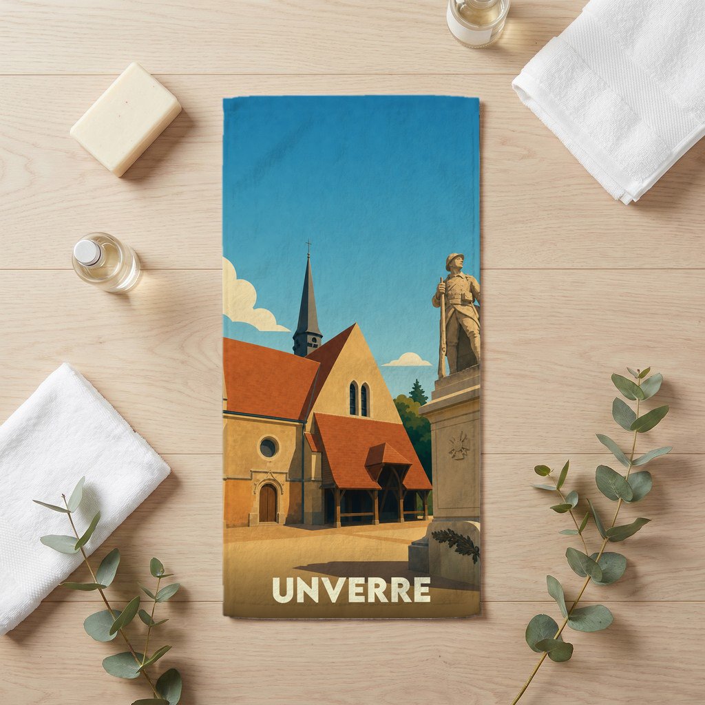 Serviette de bain souvenir de la ville d'Unverre avec une illustration stylisée.