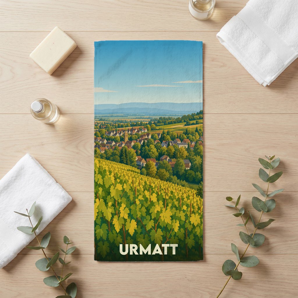 Serviette de bain souvenir de la ville d'Urmatt illustrée d'un paysage de vignobles et de village.