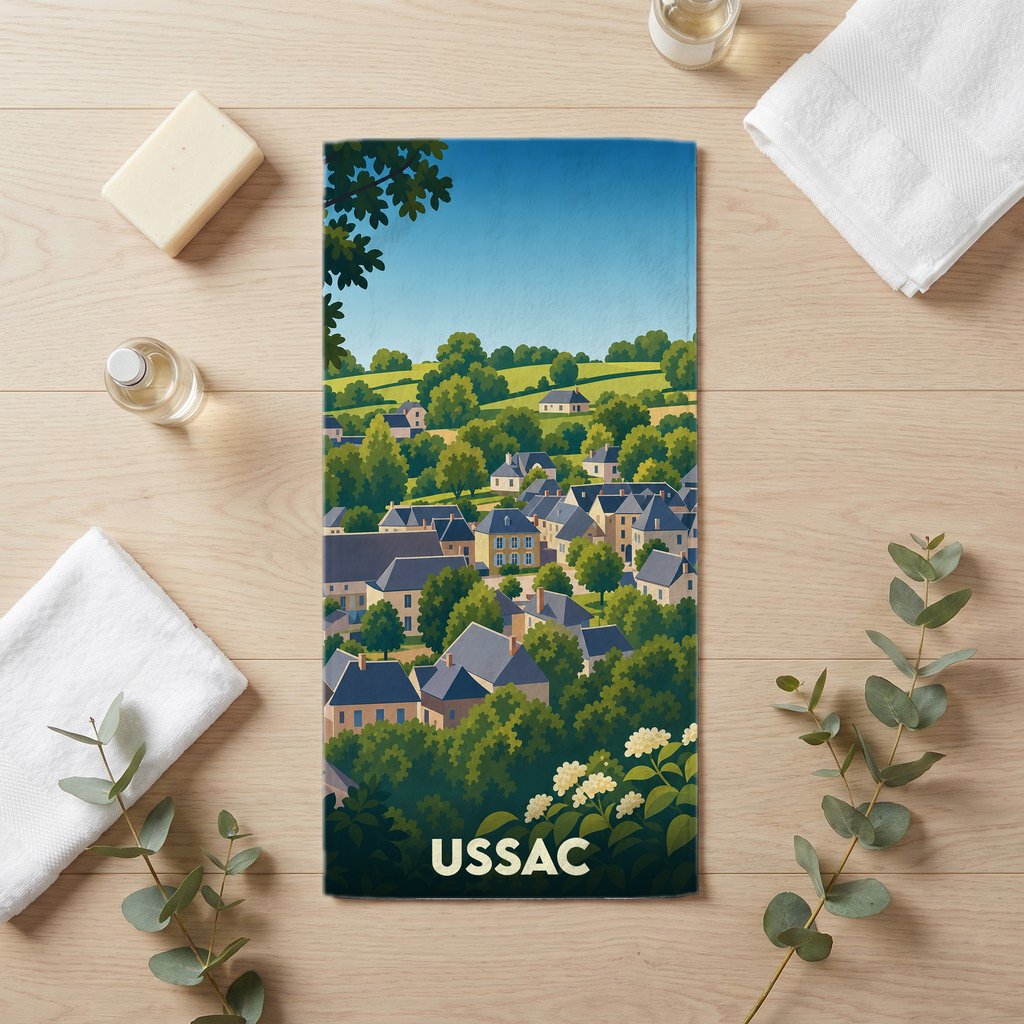 Serviette de bain souvenir de la ville d'Ussac avec une illustration stylisée d'un paysage de campagne vallonné.
