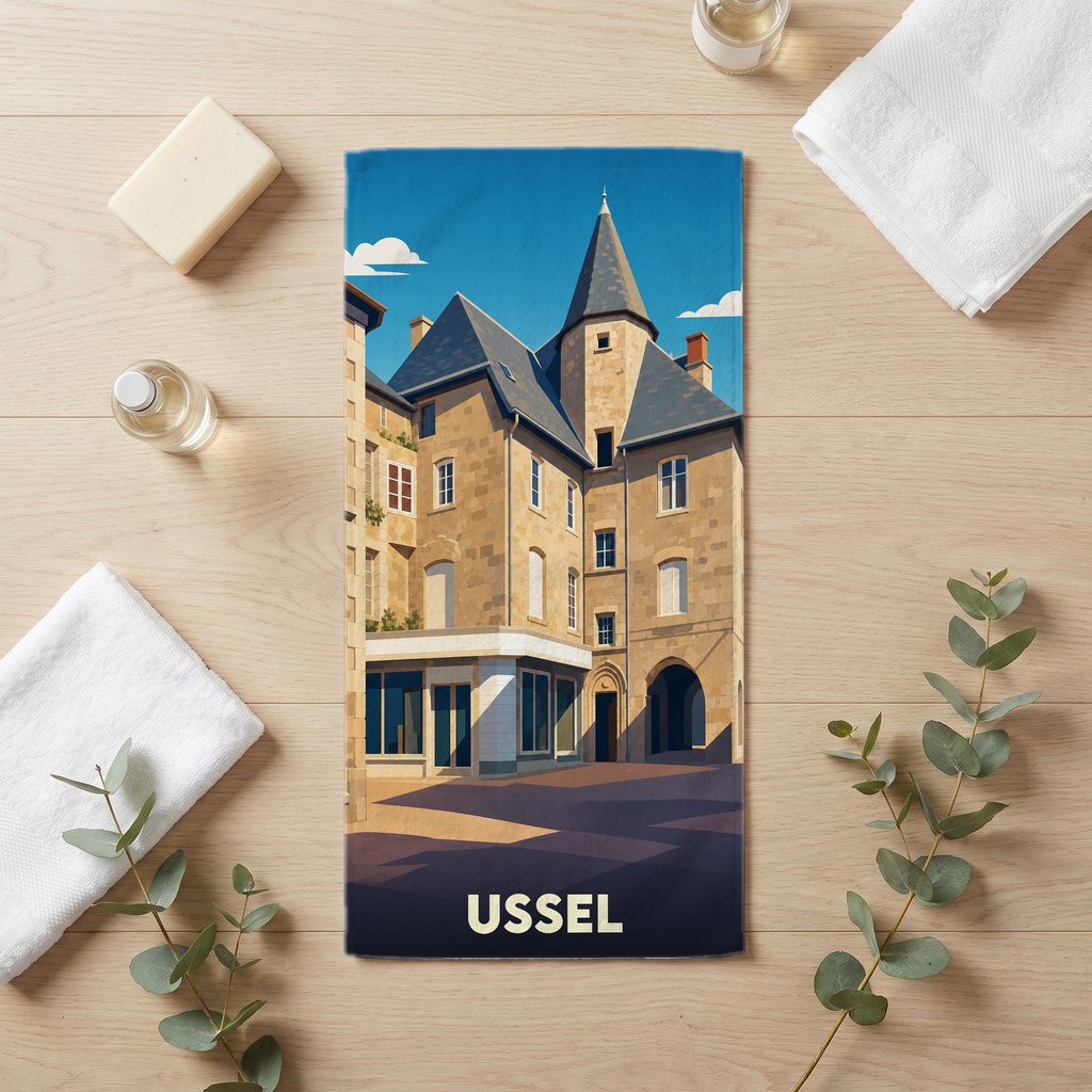 Serviette de bain souvenir de la ville de Ussel avec une illustration stylisée de son architecture.