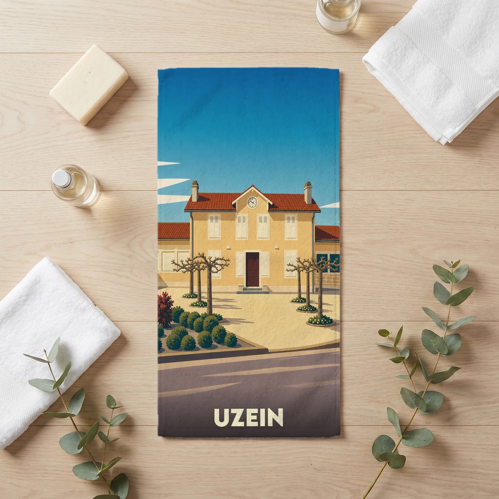 Serviette de bain souvenir de la ville de Uzein avec une illustration stylisée.