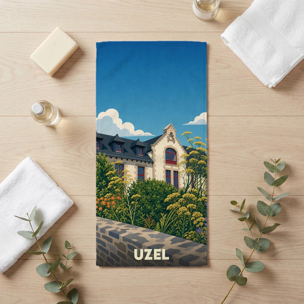 Serviette de bain souvenir de la ville de Uzel avec une illustration stylisée d'un bâtiment historique.