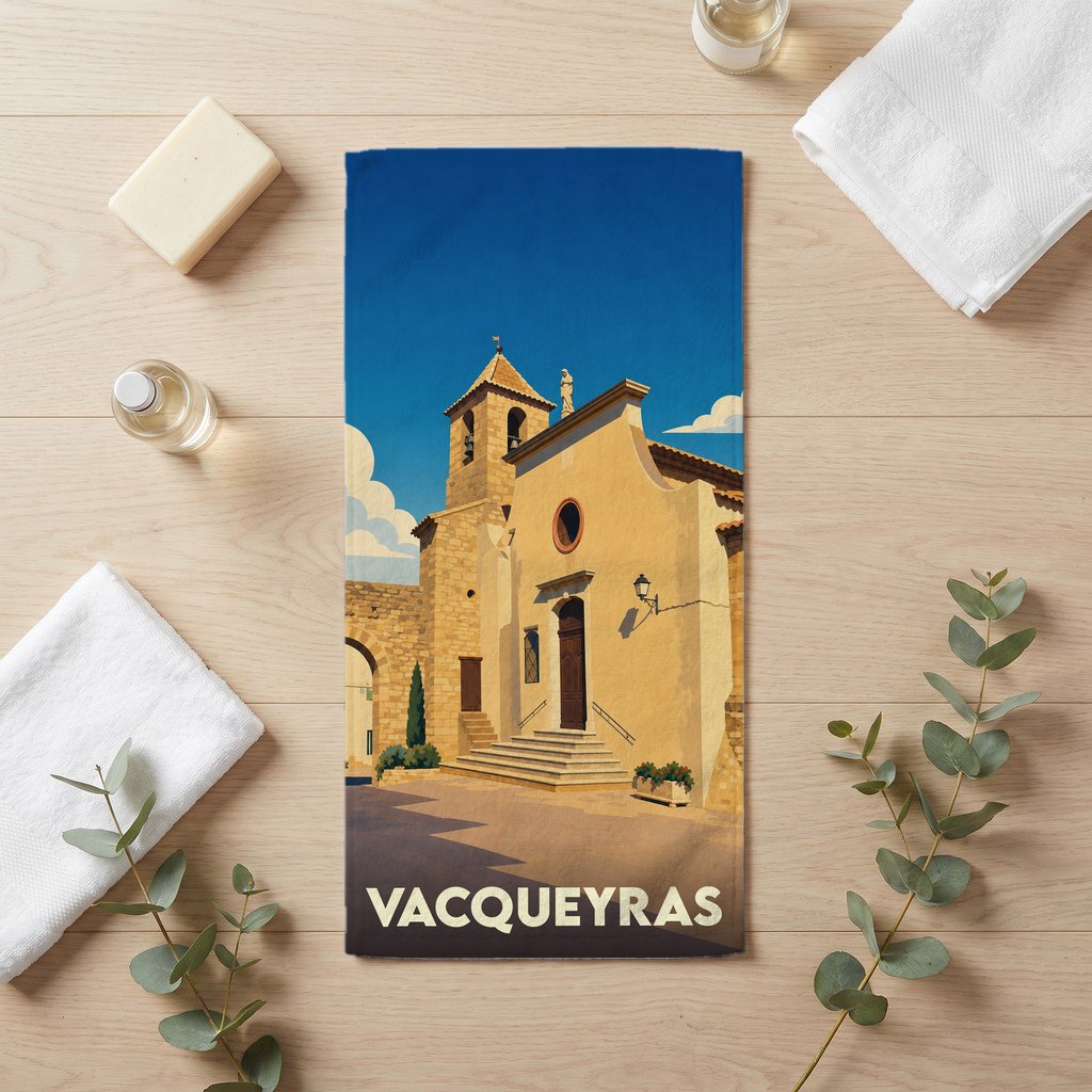 Serviette de bain souvenir de la ville de Vacqueyras avec une illustration stylisée de son église.