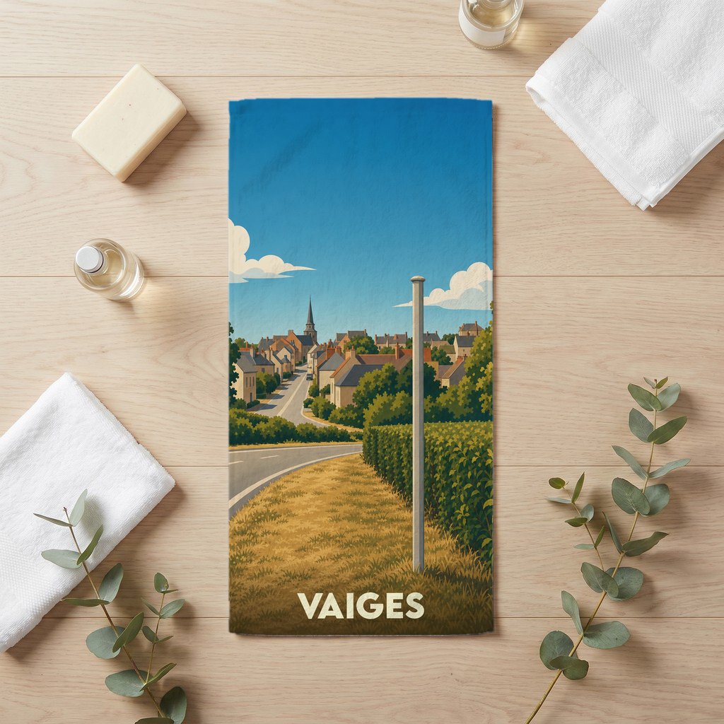 Serviette de bain souvenir de la ville de Vaiges avec une illustration stylisée.