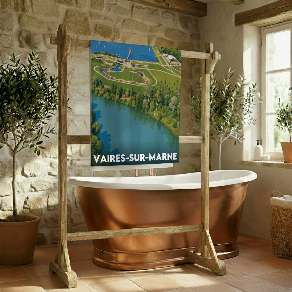 Serviette de bain souvenir de la ville de Vaires-sur-Marne avec une illustration stylisée.