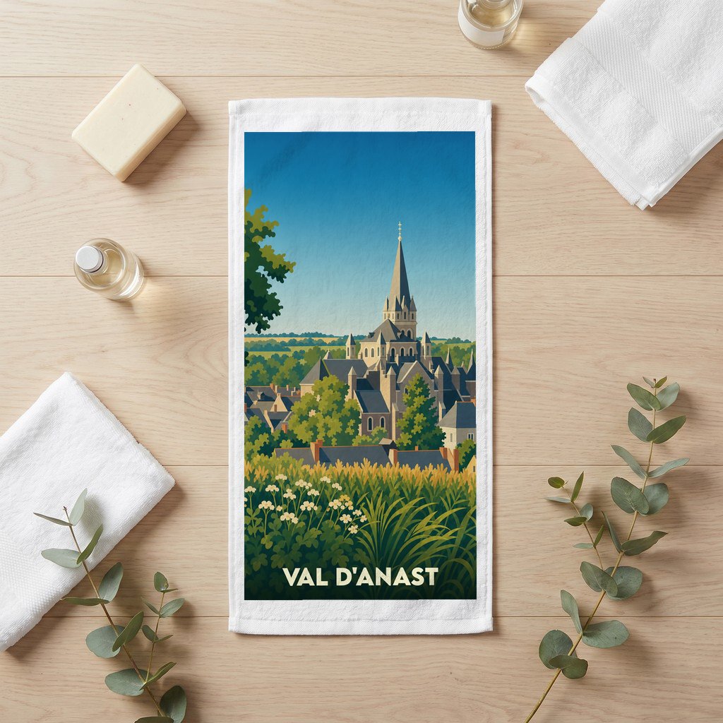 Serviette de bain souvenir de la ville de Val d'Anast avec une illustration stylisée de son église et de paysages verdoyants.