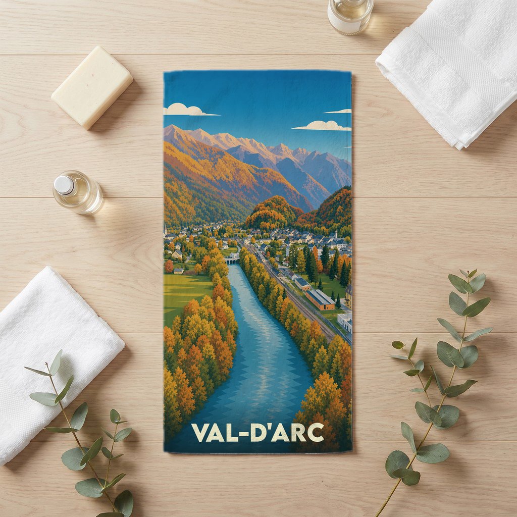 Serviette de bain souvenir de la ville de Val-d'Arc avec une illustration stylisée de montagne.
