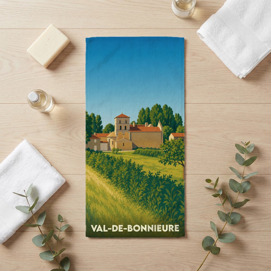 Serviette de bain souvenir de Val-de-Bonnieure avec une illustration stylisée d'un paysage de campagne et de son église.