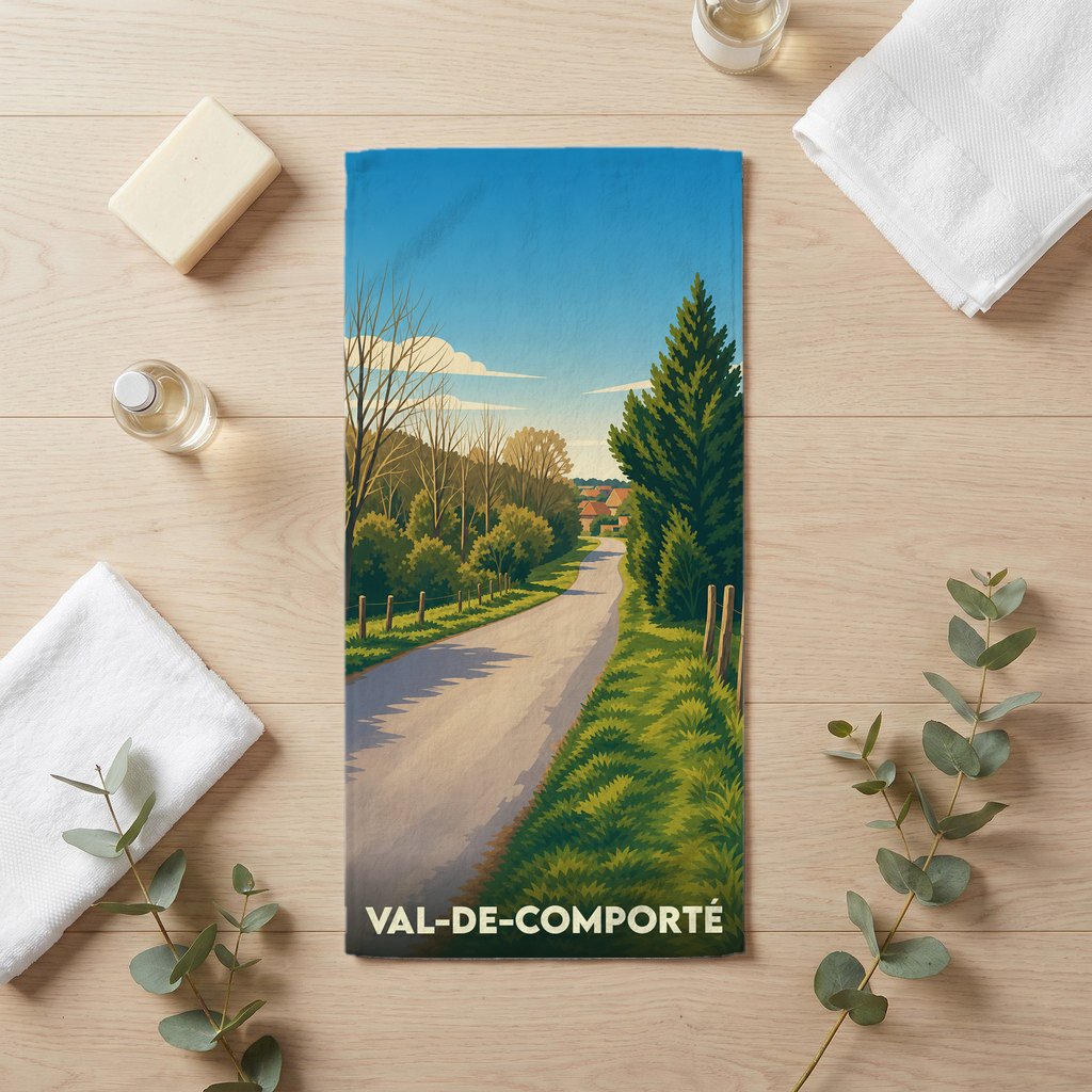 Serviette de bain souvenir de Val-de-Comporté avec une illustration stylisée d'un chemin de campagne.