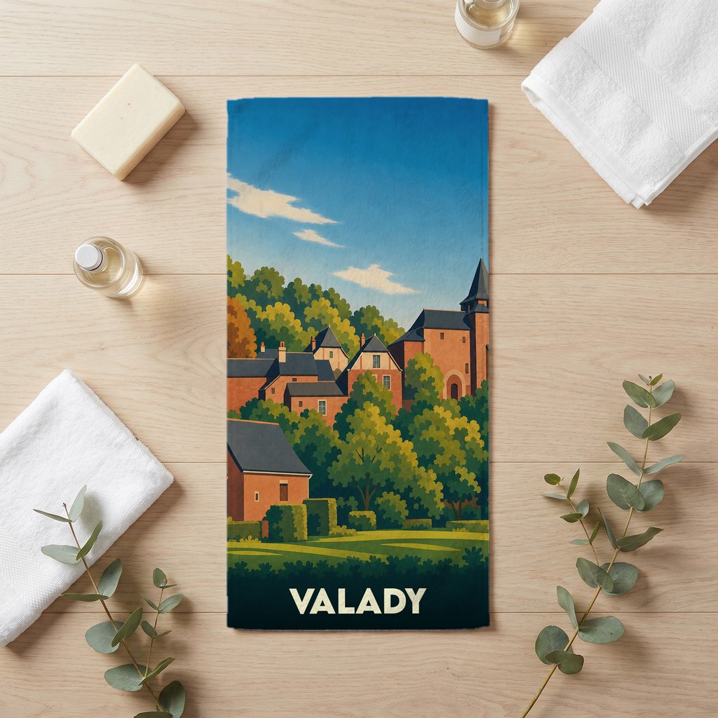 Serviette de bain souvenir de la ville de Valady avec une illustration stylisée de ses maisons et de sa nature.