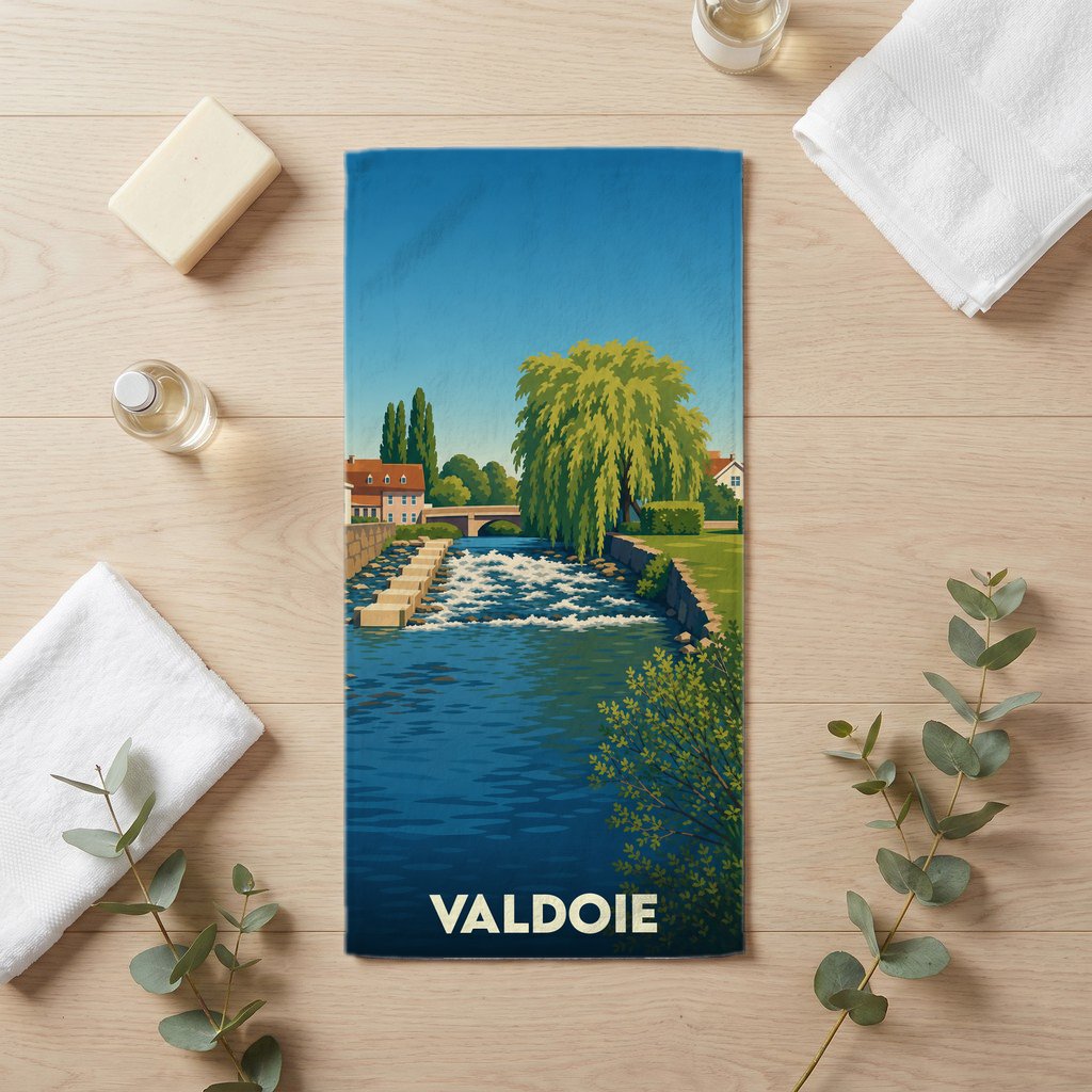 Serviette de bain souvenir de la ville de Valdoie avec une illustration stylisée d'un paysage fluvial.
