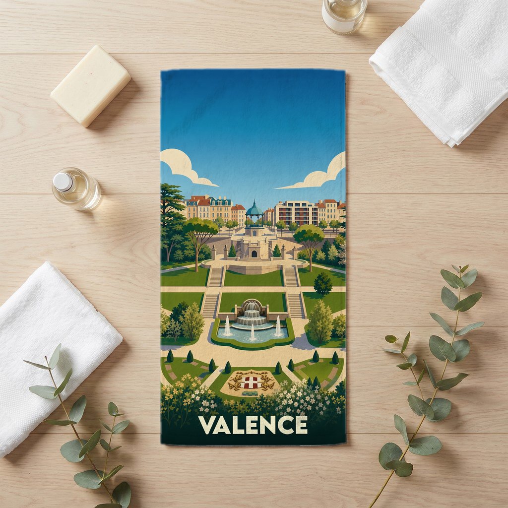 Serviette de bain souvenir de la ville de Valence illustrée d'un parc paysager avec fontaines et kiosque.