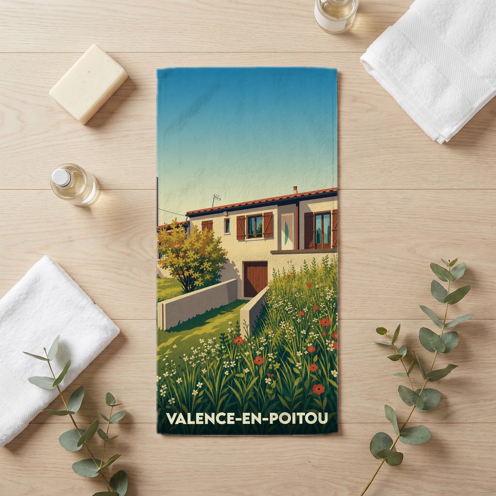 Serviette de bain souvenir de la ville de Valence-en-Poitou avec une illustration stylisée d'une maison de campagne fleurie.