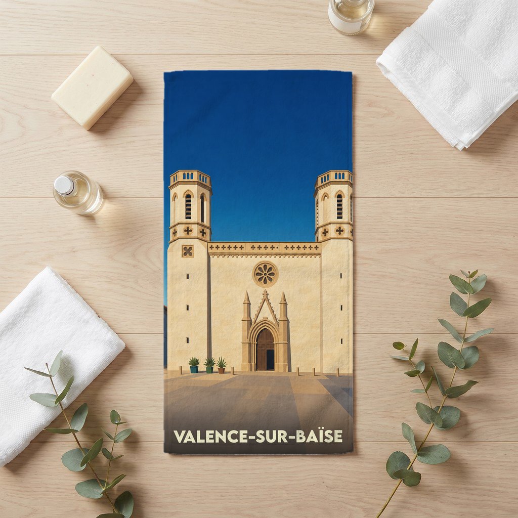 Serviette de bain souvenir de la ville de Valence-sur-Baïse avec une illustration stylisée de son église.