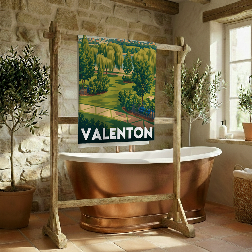Serviette de bain souvenir de la ville de Valenton avec une illustration stylisée.