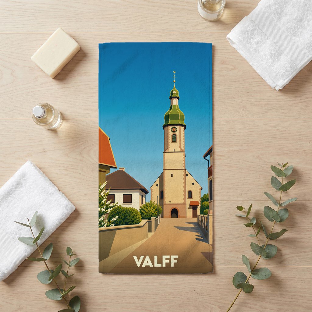 Serviette de bain souvenir de la ville de Valff avec une illustration stylisée de son église.