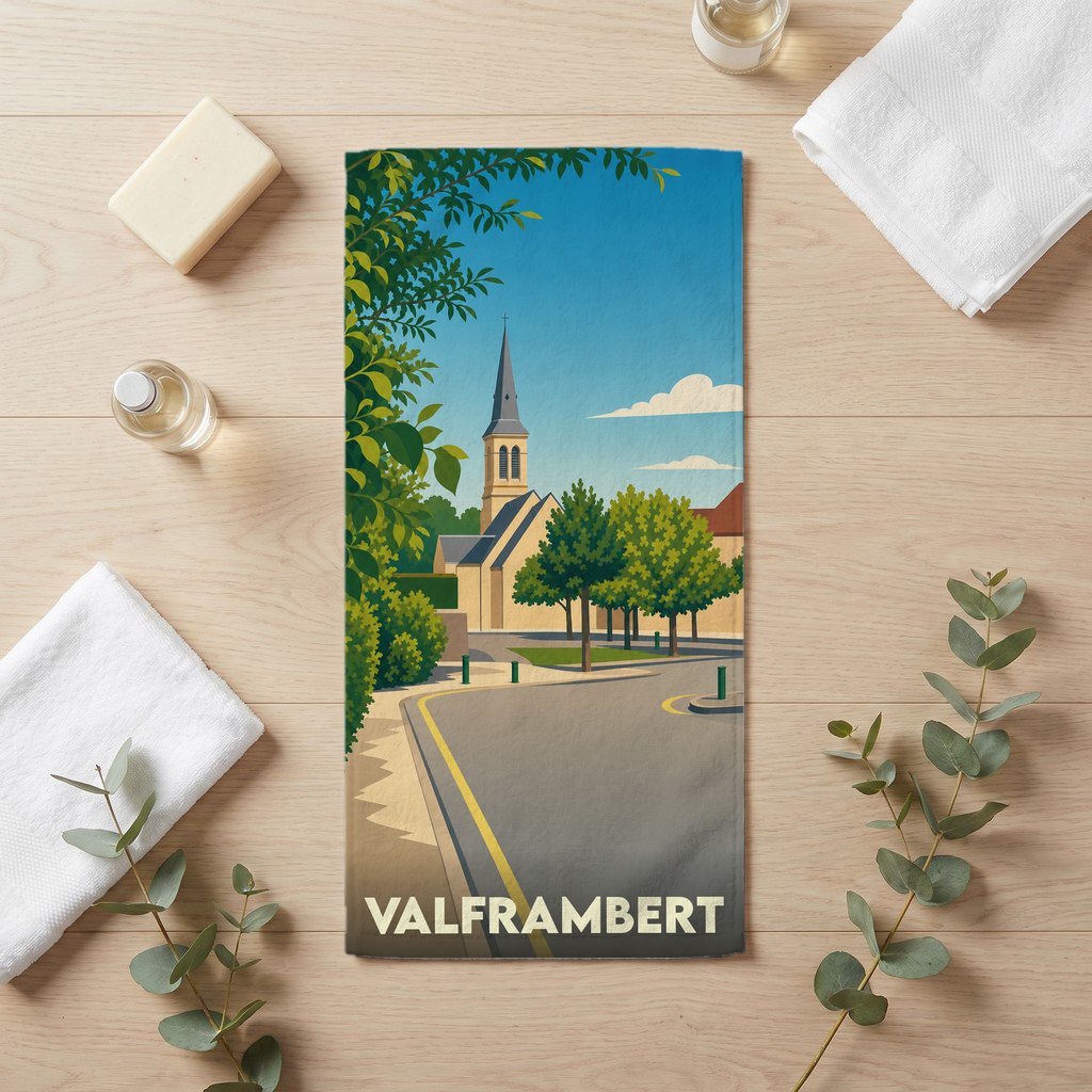 Serviette de bain souvenir de la ville de Valframbert avec une illustration stylisée.