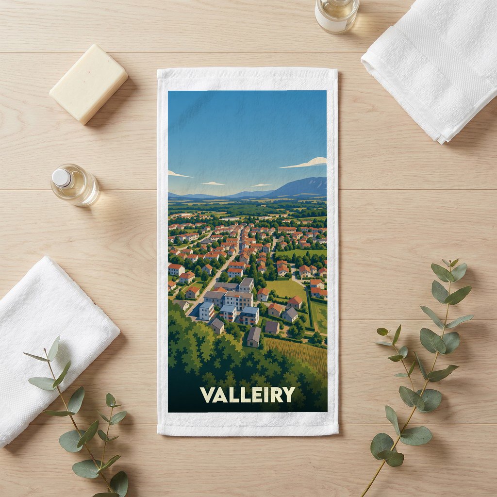Serviette de bain souvenir de la ville de Valleiry avec une illustration stylisée de ses paysages.