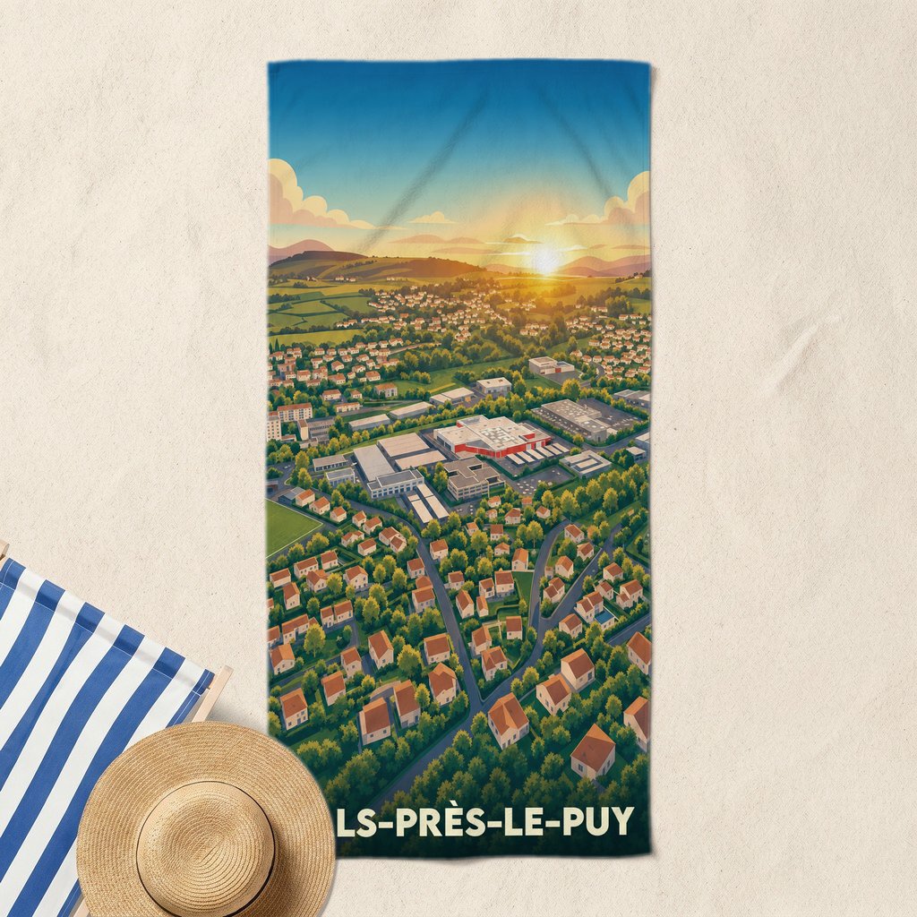 Serviette de bain souvenir de la ville de Vals-près-le-Puy avec une illustration panoramique stylisée au coucher du soleil.