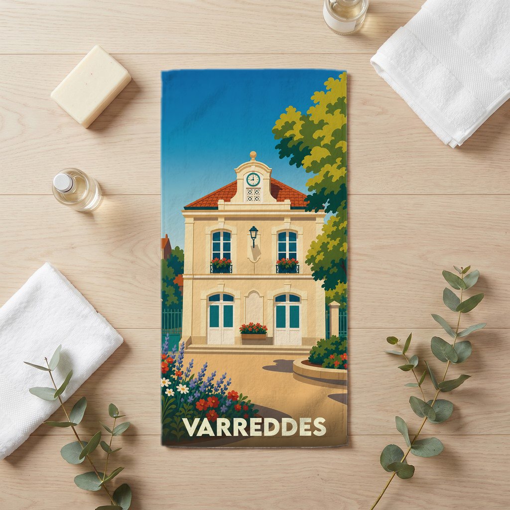 Serviette de bain souvenir de la ville de Varreddes avec une illustration stylisée de sa mairie.
