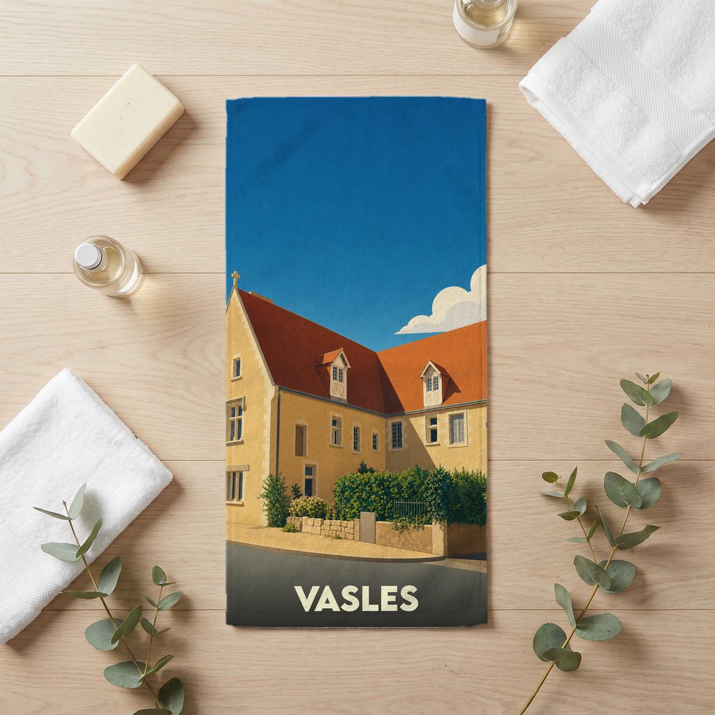 Serviette de bain souvenir de la ville de Vasles avec une illustration stylisée d'un bâtiment historique.