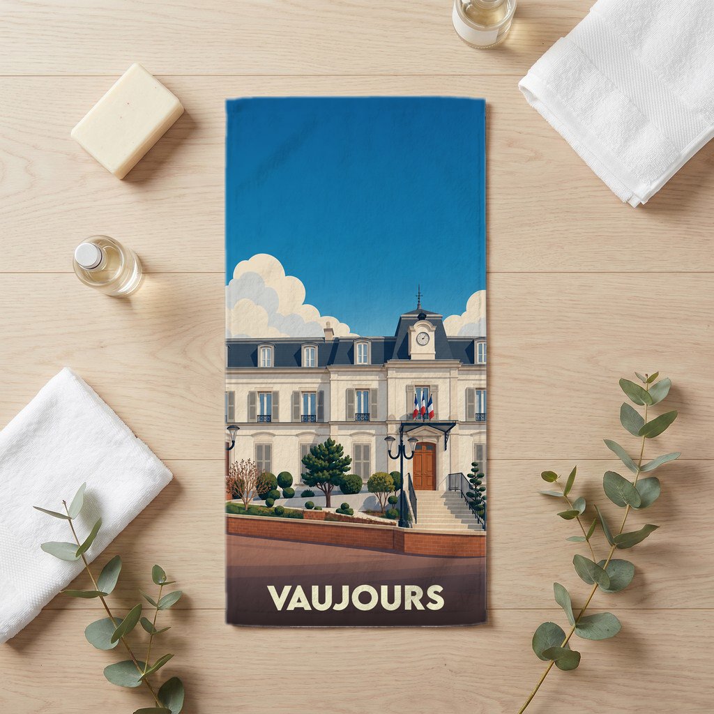 Serviette de bain souvenir de la ville de Vaujours avec une illustration stylisée de son hôtel de ville.