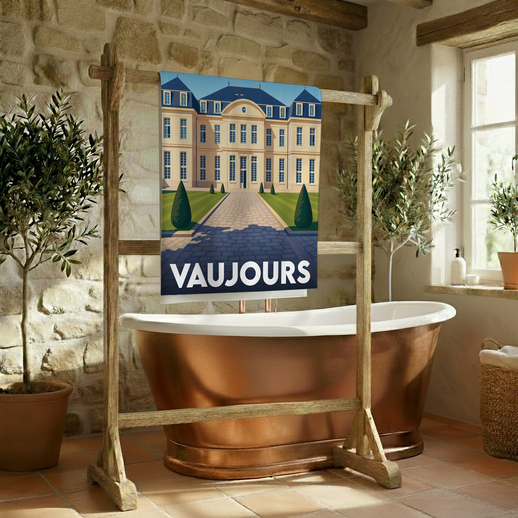 Serviette de bain souvenir de la ville de Vaujours avec une illustration stylisée d'un château.
