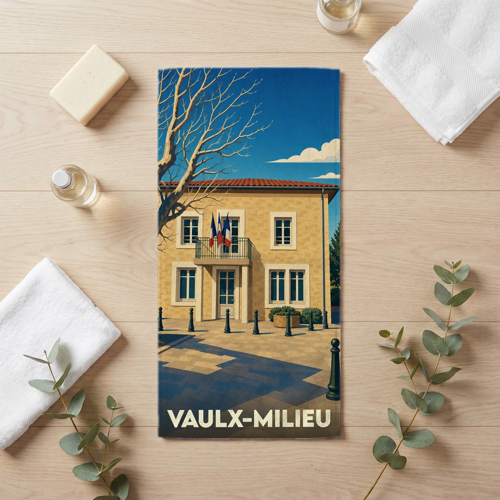 Serviette de bain souvenir de la ville de Vaulx-Milieu avec une illustration stylisée.