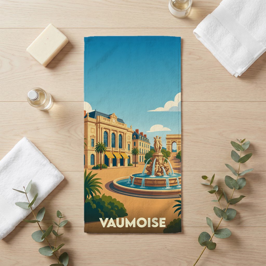 Serviette de bain souvenir de la ville de Vaumoise avec une illustration stylisée d'une place ensoleillée.