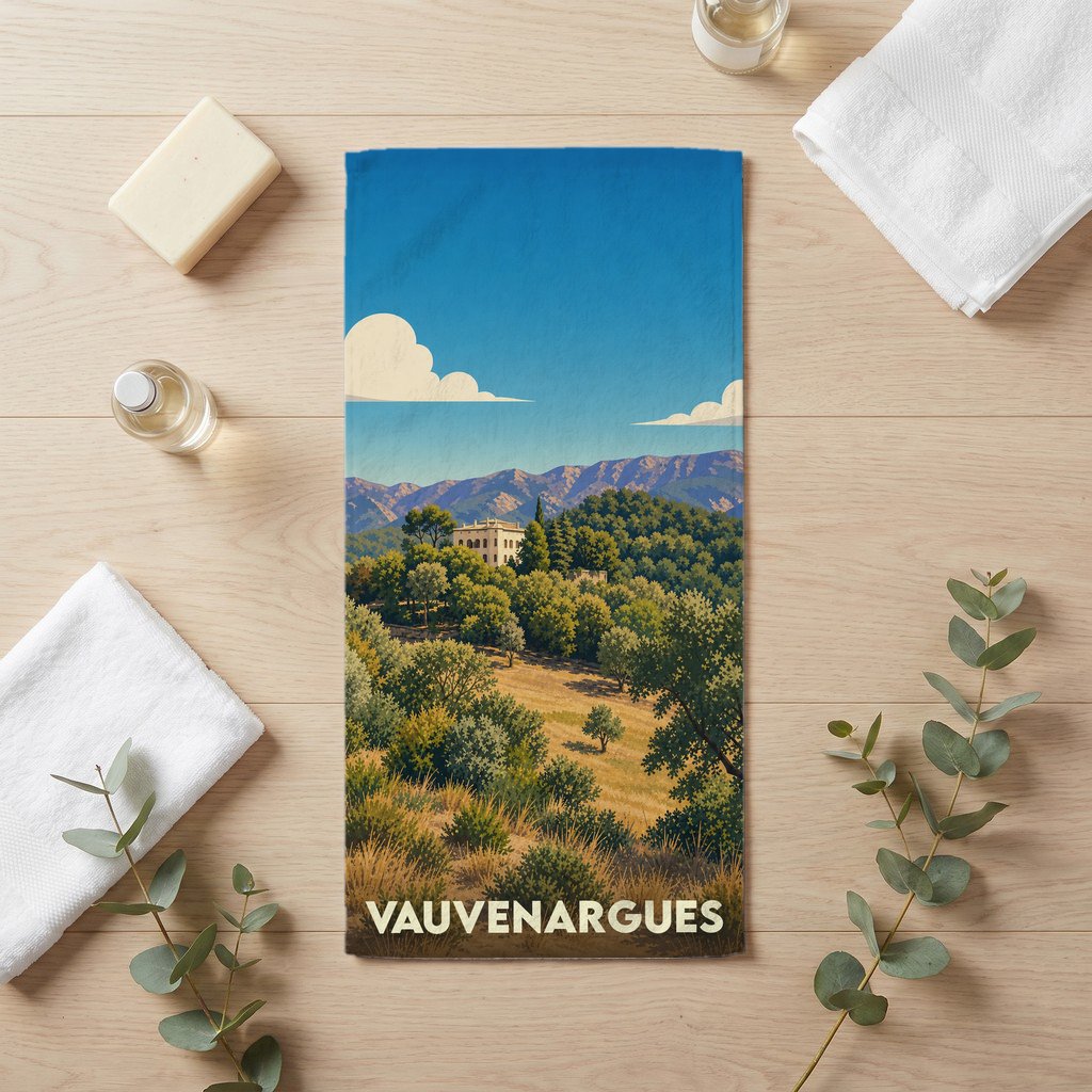 Serviette de bain souvenir de la ville de Vauvenargues avec une illustration stylisée de son paysage provençal.