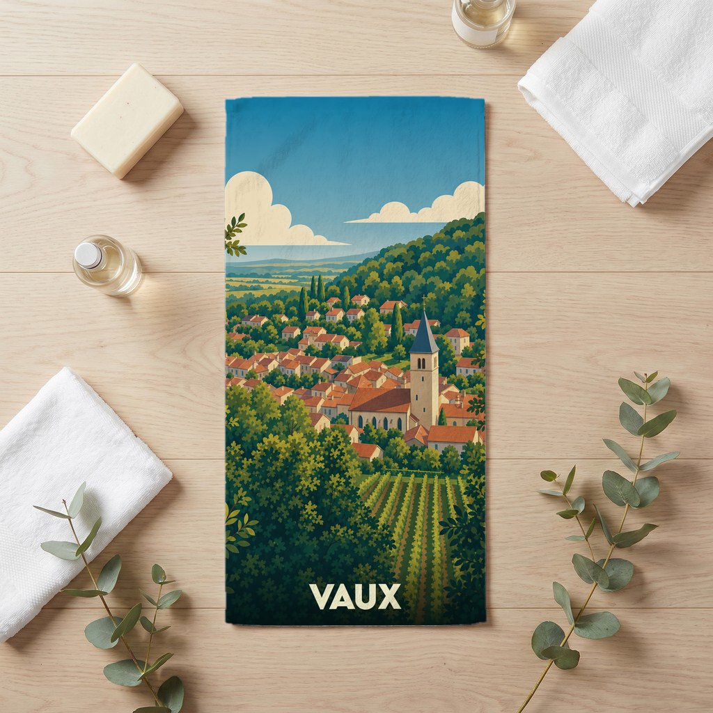 Serviette de bain souvenir de la ville de Vaux avec une illustration stylisée de son paysage vallonné.