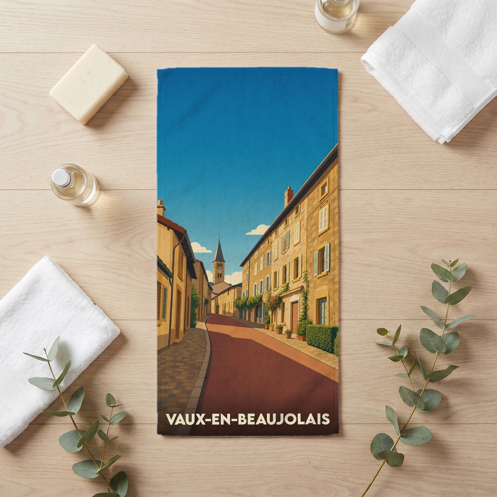 Serviette de bain souvenir de la ville de Vaux-en-Beaujolais illustrant une rue pittoresque dans un style rétro.