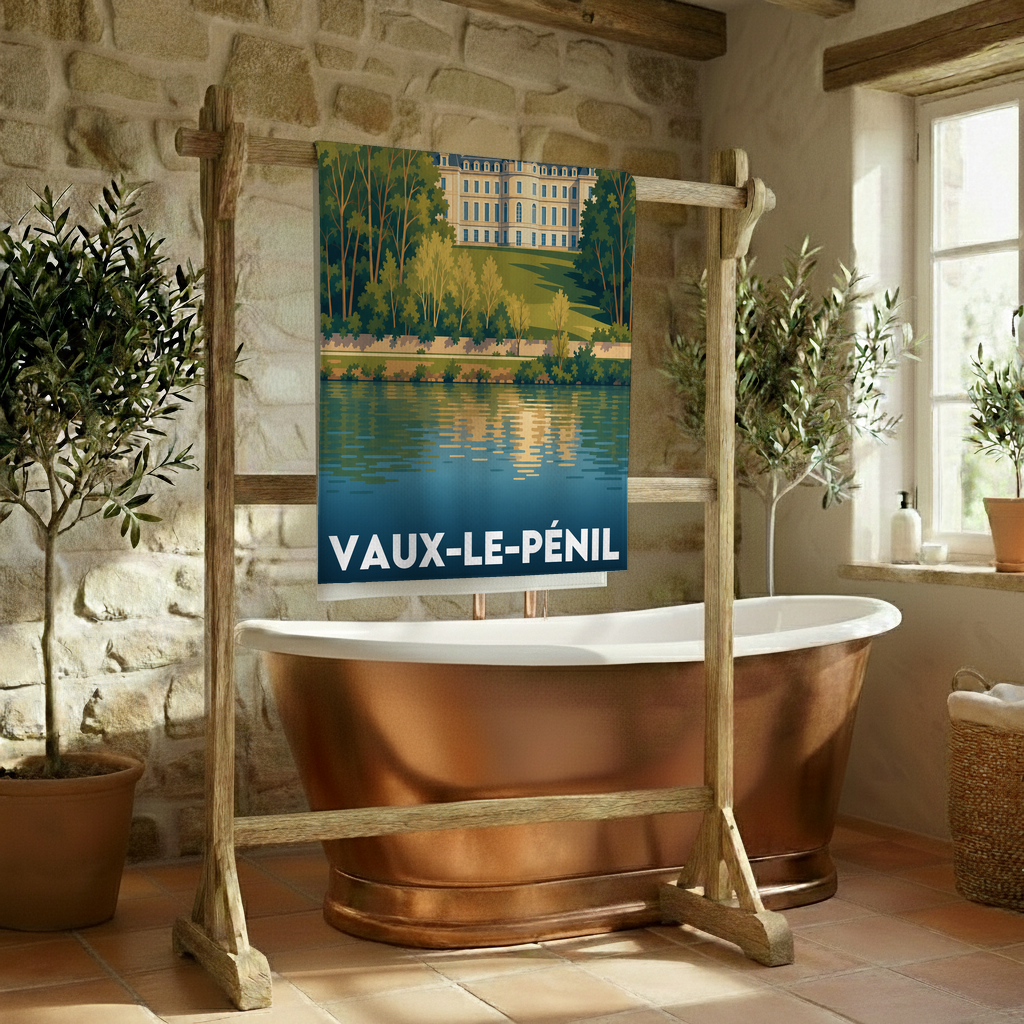 Serviette de bain souvenir de la ville de Vaux-le-Pénil avec une illustration stylisée.