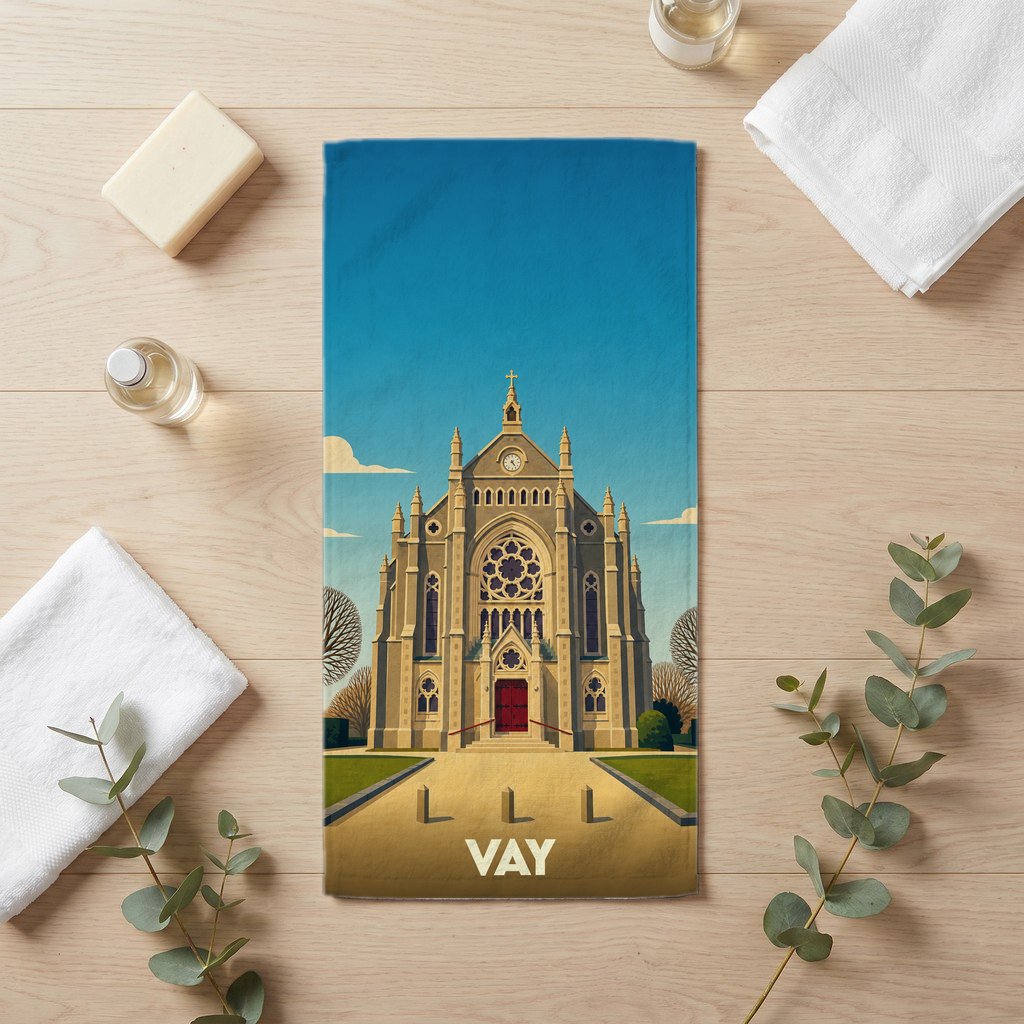 Serviette de bain souvenir de la ville de Vay avec une illustration stylisée d'une église.