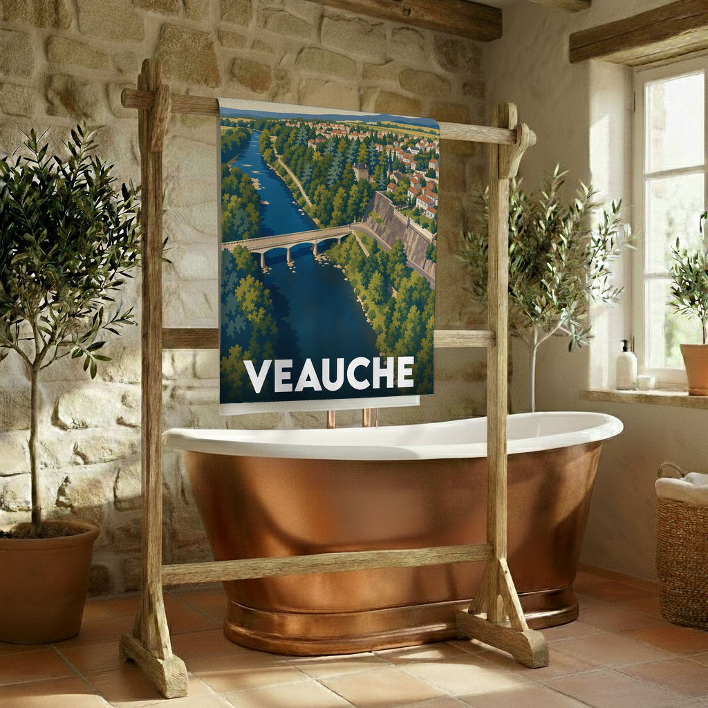 Serviette de bain souvenir de la ville de Veauche avec une illustration stylisée d'un pont enjambant une rivière.